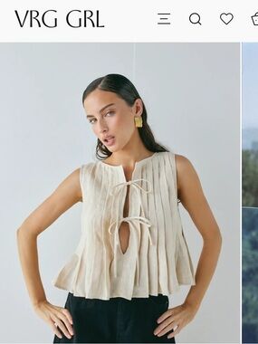 VRG GRL EUC Valeria Linen Top in Oatmeal. Pleated, Sleeveless, tie-front Blouse
